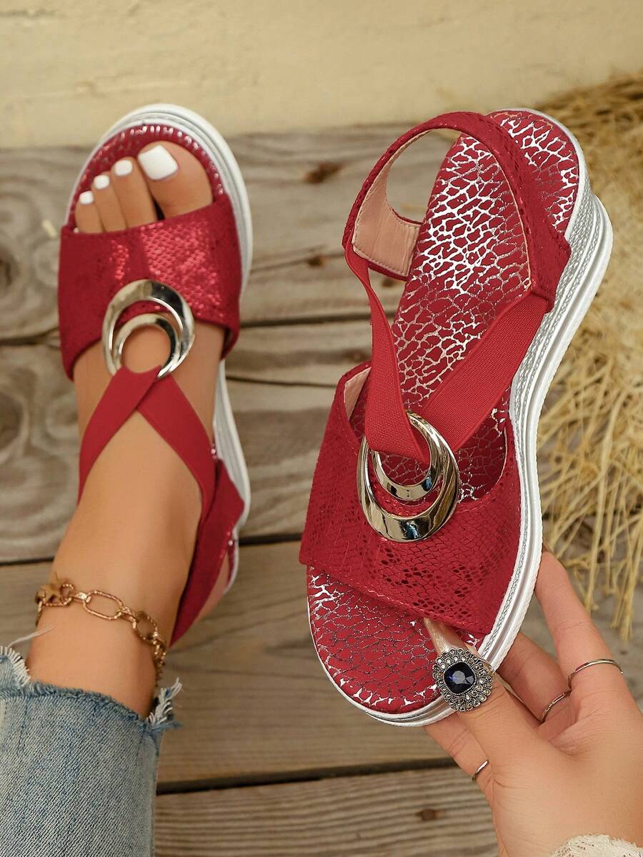 Summer New Style Casual Wedge Sandals, Platform Dress Sandals With Metal Buckle Decor, Red Festive Faux Linen Rope, Light Sole, Open Toe Elastic Band Sandals - Red - View 1