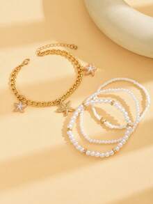 4pcs Boho Beach Starfish Faux Pearl Chained Anklets, Suitable For Women Holiday Wear - White - View 4