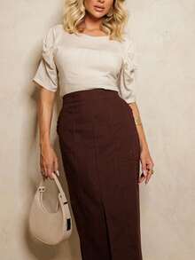Saia Midi Feminina De Linho Com Fenda Estilosa E Cintura Flexível  e Elegante - Marrom - Visão 5