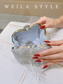 Rhinestone Embellished Heart Shaped Luxury Tassel Evening Clutch Bag, Diamond Wedding Party Handbag, Silver Envelope Purse, High-End Fashion Elegant Evening Dress Bag Crossbody Bag