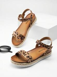 Women's Wedge Sandals Low Heel One-Strap Ankle Strap For Dress Vacation, Wedding,Beach Commuting Summer Flat Sandal  Leopard Shoes - 豹 - 查看 7