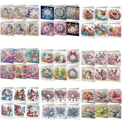 1pc/9pcs DIY Diamond Painting Greeting Card Kit, Floral, Butterfly, Cat, Dog Patterns, Diamond Mosaic Art Postcard, Suitable For Thanksgiving, Birthday, Christmas, Valentine's Day, Mother's Day To Express Warm Blessings, Great For Family, Friends, And Lover Party Invitations, Handmade Craft Gift Set With Envelopes