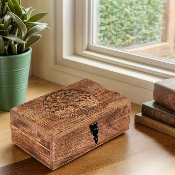 Vintage Handmade Tung Tree Life Carved Exquisite Souvenir Box Jewelry Storage Box Unique Gift (Flame Treatment Technology), Suitable As A Birthday Gift, Holiday Gift, Engagement Or Housewarming Gift, It Can Also Be Used To Store Gemstones, Watches, Tarot Cards, Herbs, Feng Shui And Other Items, Jewelry Boxes Summer Goods For Women Storage Organizer Gift Back To School