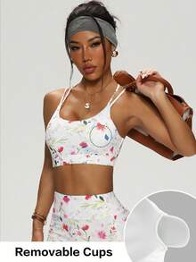 Floral Print Wireless Sports Knit Bra, Backless Design For Small Bust Women, Removable Pads - Multicolor - View 1