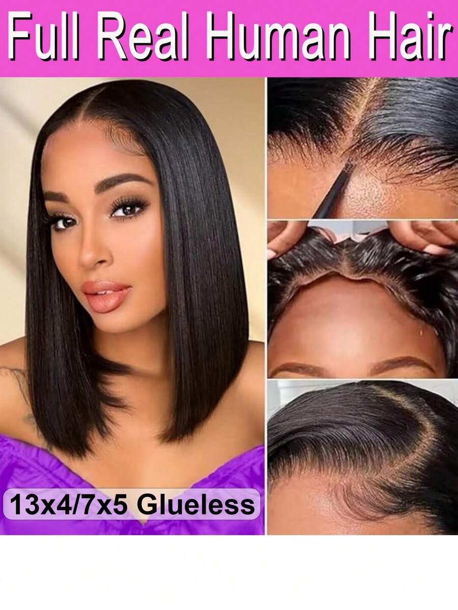 100% Human Hair 13x4 7x5 Glueless Lace Front Bob Wig 180% Density Human Hair Pre Plucked Wigs For Women Bob Lace Front Wigs Human Hair Natural Color Wig For Party, Cosplay, Daily Use - 自然色彩 - 查看 1