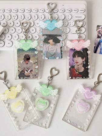 Portacarte glitterato trasparente a forma di cuore angelico, portacarte piccolo da 3 pollici per carte di idoli, certificati e foto, regalo per il ritorno a scuola