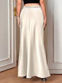 女士高腰缎面美人鱼长裙，百搭春季款 - 米色 - 查看 2