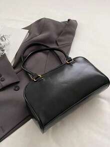 大容量简约 PU 手提包，配有多个口袋和肩带，适合工作、纯色个性化手提包、书包、大容量、便携、经典休闲、适合少女、女大学生、白领工作者、非常适合工作、返校、中学、高中、大学、度假、时尚拉链手提包、日式包、女士复古包、女士街头和日式包 - 黑色 - 查看 4