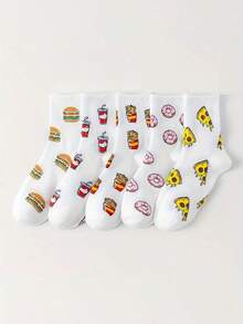 5 Pairs Unisex Hamburger & Fruit/Vegetable Pattern Socks, Suitable For All Seasons As Couples Socks - Multicolor - View 6