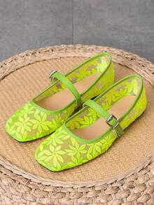 Chaussures plates de ballerine pour femmes en vert néon avec broderie florale, sandales d'été respirantes et ajourées en maille, babies carrées à grand maintien - Vert fluorescent - Voir 6