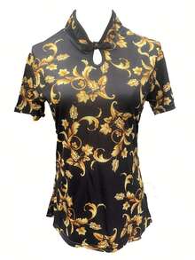 Retro Cheongsam Blouse For Women, Chinese Ditsy Floral Slim Fit Short Sleeve Shirt, Spring/Summer - Gold - View 4