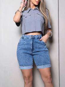 Wide Baggy Bermuda Jeans With Turned Hem - 中藍色 - 查看 4