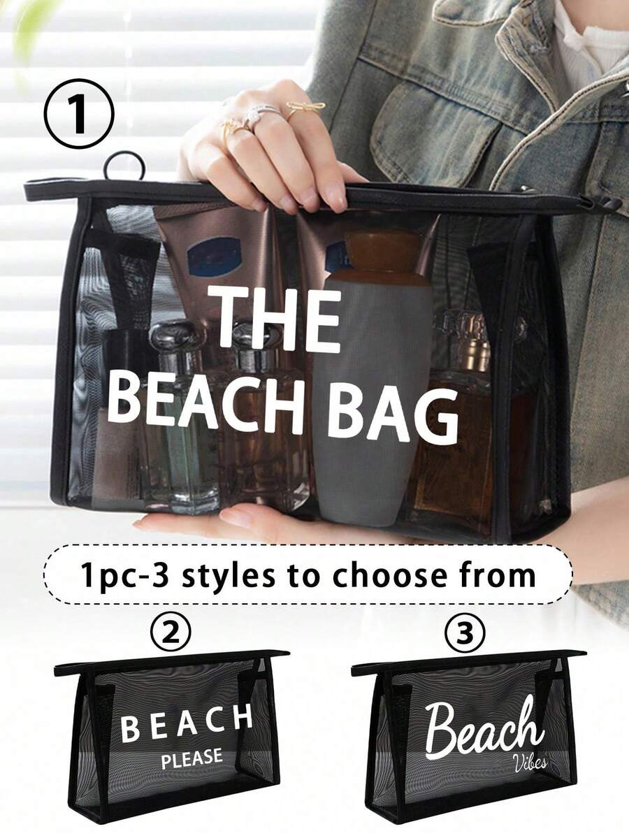 1 件网状镂空尼龙“THE BEACH BAG”、“BEACH PLEASE”、“Beach Viles”白色字母印花女士便携网眼化妆包，海滩度假旅行便携大容量多用途化妆包，女士化妆包旅行盥洗收纳包 - 黑色 - 查看 1