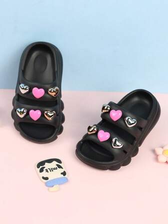 1 Pair Black Unisex Kids Sandals, Girls Heart Slippers Non-Slip Outdoor Hollow Hole Shoes, Baby Beach Shoes For Summer