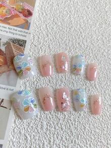10 piezas de uñas de presión manual, uñas cuadradas cortas de presión, arte de uñas de primavera y verano, uñas postizas, diseño de degradado de color rosa romántico, diseño de patrón de color degradado, flores coloridas, accesorios para uñas - Multicolor - Ver 3