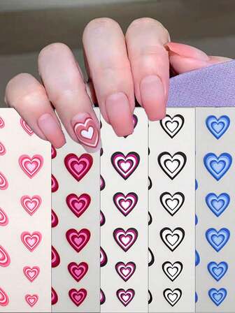 1 pieza Calcomanías de uñas con corazón degradado estilo francés para San Valentín | Autoadhesivas de larga duración | Diseño de manicura femenina (Diseño para una cita nocturna)