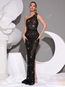 Modphy Vestido de malla asimétrico sin mangas y sin espalda, hecho a mano de lujo con cuentas, strass y lentejuelas, vestido de dama de honor formal para boda, fiesta de noche, para invitados de boda