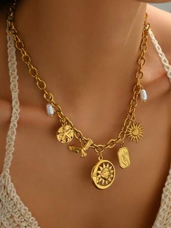 LIEBEIRIS 1pc 18K Gold Plated Stainless Steel Multi-Charm Sea Star Chunky Necklace, Suitable For Women's Daily Wear And Gift Giving