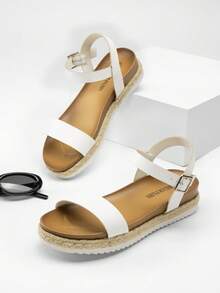 Women's Wedge Sandals Low Heel One-Strap Ankle Strap For Dress Vacation, Wedding,Beach Commuting Summer Flat Sandal   WHITE Sandals - 白色 - 查看 7