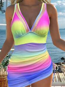 Womens Swimdress V Neck U Ring Sleeveless Bathing Suit Drawstring Mesh Sheer Swimwear - Nhiều màu - Xem 1