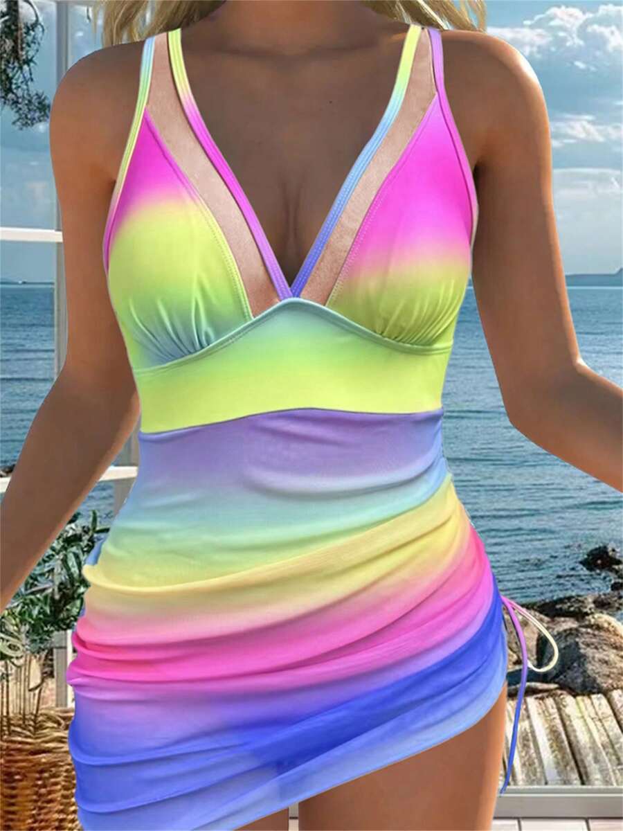 Womens Swimdress V Neck U Ring Sleeveless Bathing Suit Drawstring Mesh Sheer Swimwear - Nhiều màu - Xem 1