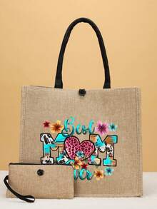 2pcs Letter Print Jute Tote Bag Travel Bag Set - Khaki - View 2