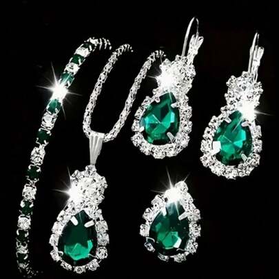 Ladies' Light Luxury Light Blue Rhinestone Heart-Shaped Zirconia Necklace, Earrings And Ring Set - Daily And Party Wear Jewelry Collection, Christmas