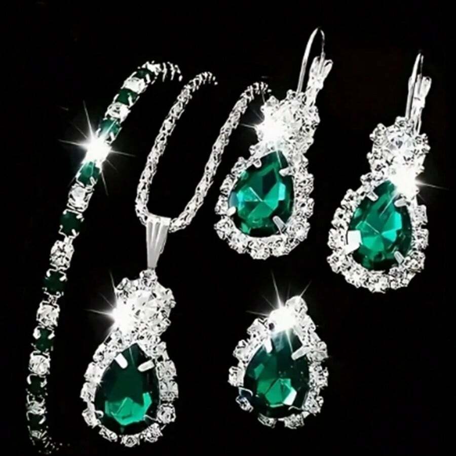 Ladies' Light Luxury Light Blue Rhinestone Heart-Shaped Zirconia Necklace, Earrings And Ring Set - Daily And Party Wear Jewelry Collection, Christmas