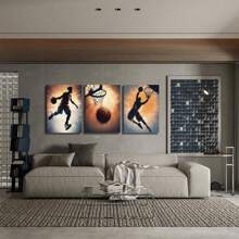 Ensemble de 3 peintures murales sur canevas avec cadre représentant des silhouettes de basketteurs, pour la décoration de la chambre d'ado, du salon, de la salle de bain, de la chambre, de l'hôtel, du Bed & Breakfast, du couloir, du studio, de la salle de classe, du gymnase, de la salle de sport, de la chambre d'enfant, du bureau à domicile. Prêt à accrocher.