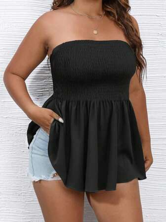 Plus Size Pleated Tube Dress 2025 | Strapless Bandeau Bodycon Midi Dress - Solid Color Shirred Stretchy Ruched Detail (1XL-5XL) Y2K Minimalist Slip Dress