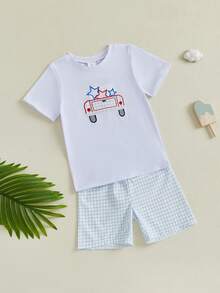 Little Boys 4th Of July Outfits Set Short Sleeve Stars T-Shirt And Plaid Shorts Kids Independence Day Clothes Set - White - View 11