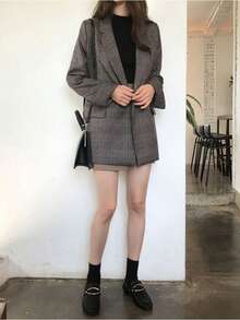 Popular Item: Choose From 2 Colors. Glen Check Tailored Jacket / Suit Jacket, Loose, Blouson - Cà phê nâu - Xem 4