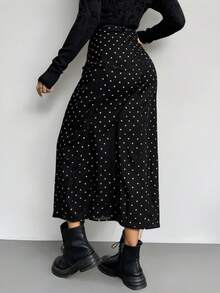 Falda larga para mujer con estampado de puntos abertura en pierna - Negro - Ver 3
