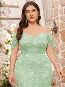 Đầm dạ hội dài size lớn trễ vai đính sequin ren hoa phối lưới bèo nhún đuôi cá, thanh lịch cho khách mời, lễ tốt nghiệp, lễ hội, tiệc homecoming - Màu xanh Bạc hà - Xem 7