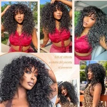 Human Hair Wigs With Bangs None Lace Front Wigs Water Wave Human Hair For Women Machine Made Curly Wig With Bangs Brazilian Unprocessed Virgin Hair Wigs Natural Color