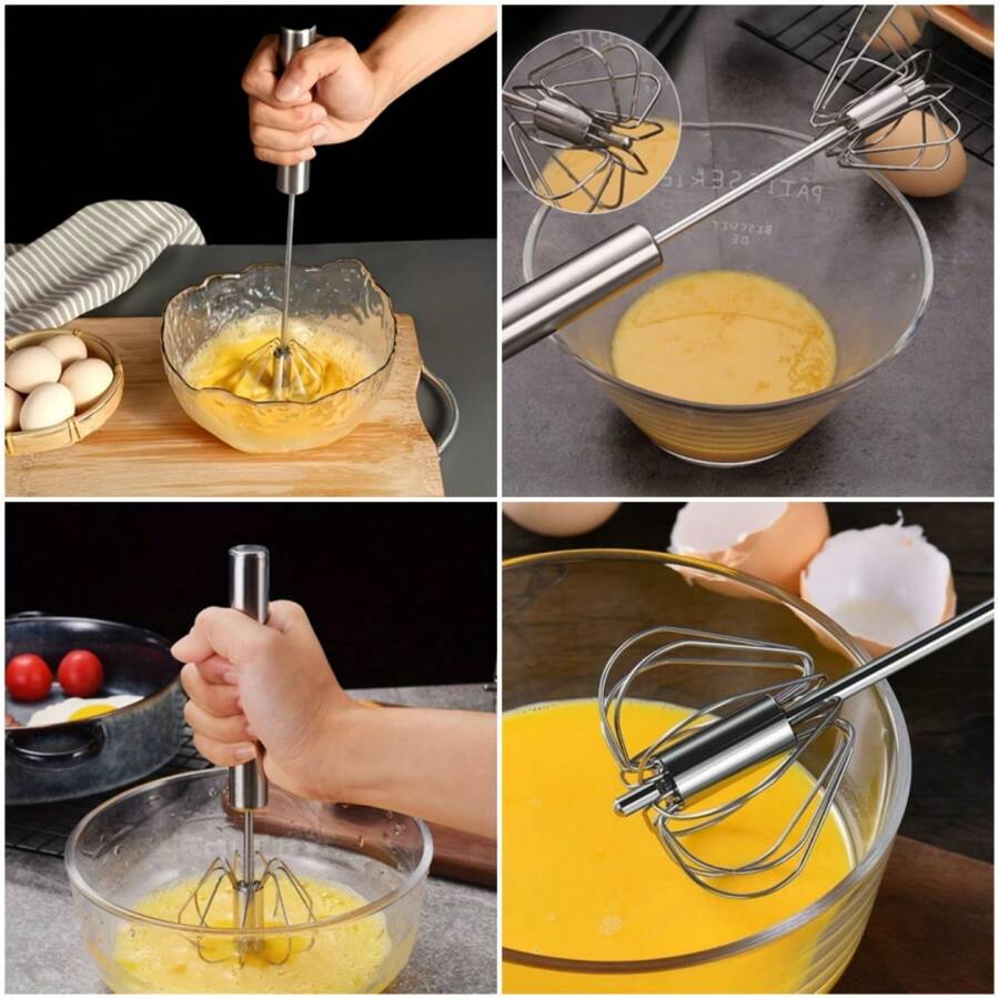Batidor de huevos semiautomático de acero inoxidable, batidor de huevos semiautomático de acero inoxidable, batidor de huevos de acero inoxidable - Batidora manual portátil para huevos y crema, apta para repostería interior/exterior, segura para alimentos - 1 pieza 9,68 pulgadas - Ver 1