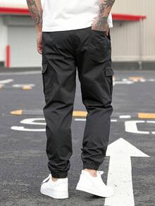 Pantalones de trabajo multibolsillos con cordón de moda informal para hombre - Negro - Ver 3