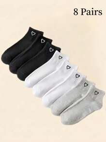 8 Paar Damen Knöchelsocken mit Herz Muster, schwarz/weiß/grau