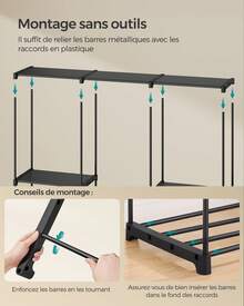 SONGMICS Armoire de Rangement, Penderie Pliable, Dressing, Armoire Métallique, avec 5 Barres de Suspension, Porte-vêtements, pour Vestiaire, Chambre, 205 x 43 x 166 cm, Noir d'Encre - Noir - Voir 3