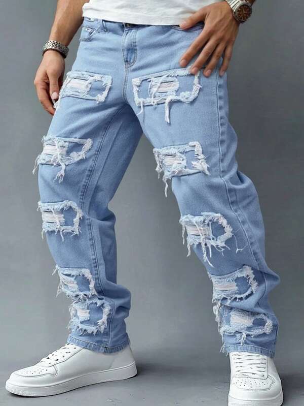 Jeans in denim lungo stile casual minimalista, effetto vissuto, stile emo