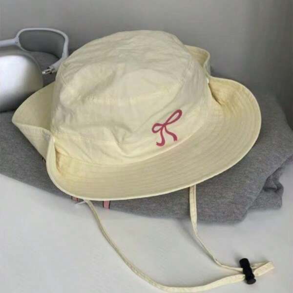 1pc Polyester Solid Color Cute Bow Decor Embroidered Sunscreen Windproof Bucket Hat For Spring & Summer