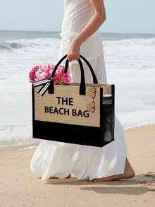 Beach Themed Women's Beach Tote Bag Set With Artistic Lettering "The Beach Bag" Pattern, Large Capacity Tote Bag And Two Cosmetic Bags For Weddings, Perfect For Vacations And Holidays, Suitable For Daily Use, Great Gift For Women, Moms, Teachers, Friends, Bridesmaids, Students, Back To School, Large Bag, Travel Tote Bag For Vacations, Weekend Getaways, Short Trips, Personalized Birthday Gifts, Gifts For Friends - Khaki - View 7