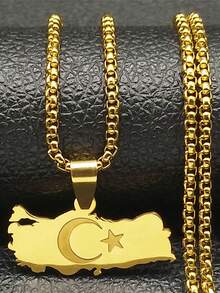 Collar con mapa, bandera, luna y estrella de Turquía para hombres y mujeres, cadena de acero inoxidable de color dorado, joyería del país nacional de geografía - collar - Ver 2
