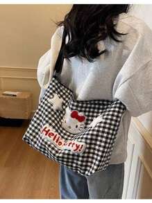 Sanrio Borsa a tracolla Sanrio Hello Kitty a quadri, borsa a cartone animato da donna, borsa in tela con grande capacità, borsa a tracolla per studenti e pendolari, per forniture scolastiche, back to school