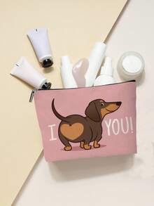 1Pc Cute Sausage Dog Versatile Coin Purse Polyester Multifunctional Unscented, Double-Sided Printing, Lightweight And Versatile, , Reusable Foldable Zipper Closure Toiletry Storage Bag Graduati - Pink - View 4