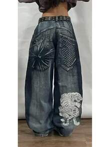 Y2K Gothic Style Men's Jeans; American High Street Loose Straight-Leg Wide-Leg Jeans With A Unique Pattern - Màu xanh lam - Xem 1