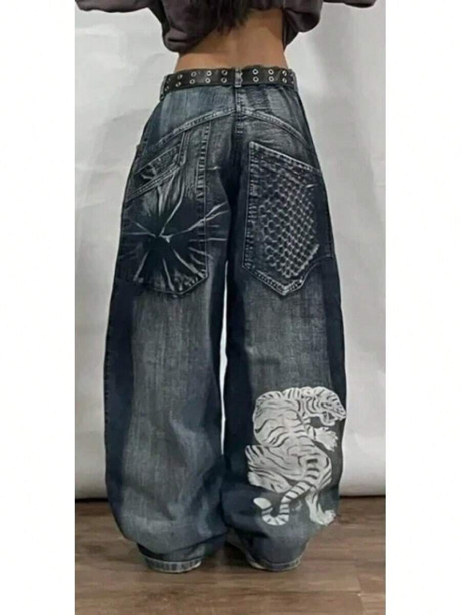 Y2K Gothic Style Men's Jeans; American High Street Loose Straight-Leg Wide-Leg Jeans With A Unique Pattern - Màu xanh lam - Xem 1