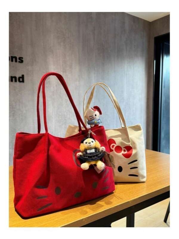 Sanrio Torba płócienna Sanrio Hello Kitty z kreskówkową, uroczą torbą do pracy, duża pojemność, torba na laptopa, modna, swobodna, wielofunkcyjna torba, może pomieścić parasol, kubek na wodę, pudełko na lunch