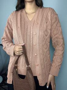 Twinset Coat And Blouse Set Knitting Weave Luxury Fashion Knit V-Neck Winter Plus Size M To GG - Màu be - Xem 4