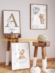 3 Stück Rahmenlose / Holzrahmen personalisierte Namenskunst Cartoon Bär Leinwandposter Mond Sterne Hintergrund Hängende Bilder Boho Wandkunst Mädchen Schlafzimmer Kinderzimmer Babyzimmer Wanddekoration Geschenk, Valentinstag, Valentinstag Dekoration, schimmelbeständig, stilvoll, niedlich, farbenfrohe Personalisierung, einzigartig, ideale Geschenke für sie, Freunde, Sohn, Tochter, Schüler, Mitarbeiter, Kinder Schule, Zuhause, Büro Abschluss, gemütlicher Sommer